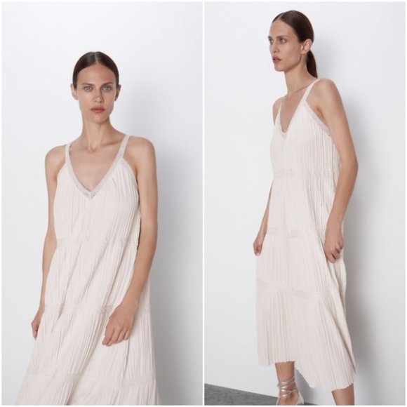 Zara Dresses & Skirts - ZARA BANDAGE Knit Pleated Midi Dress Ivory Stretch Sleeveless V Neck Viscose L